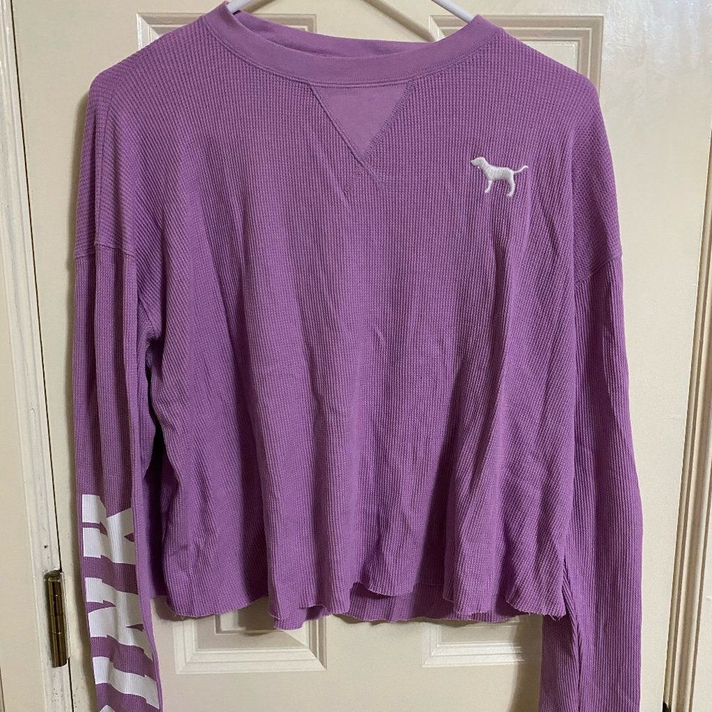 Victoria’s Secret PINK Waffle Thermal Shirt Top Lavender Long Sleeve Logo